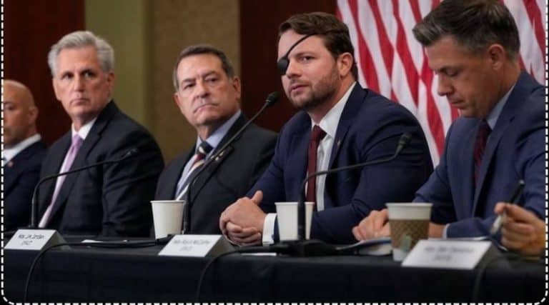 Dan Crenshaw speaking at a congressional event amid reports of a temporary foreign travel ban by House Republican leadership