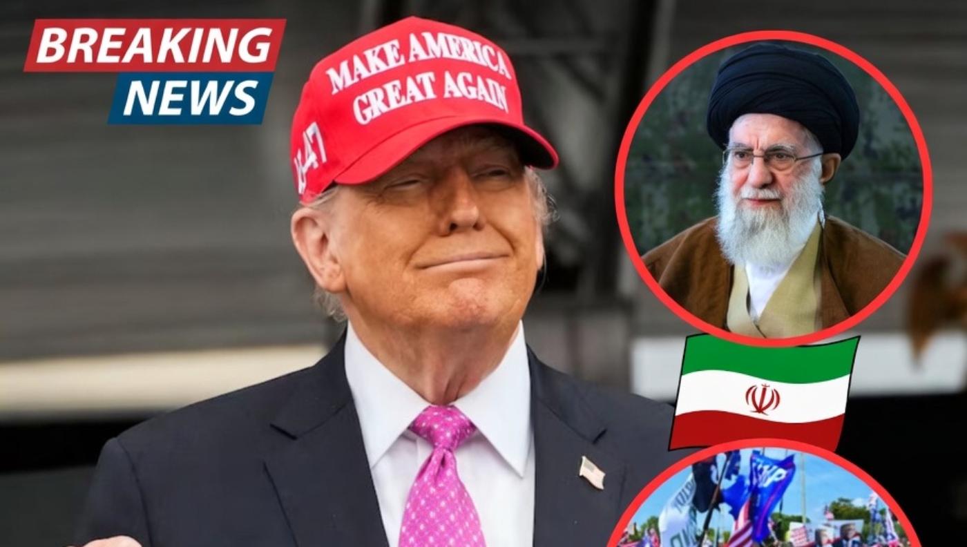 Donald Trump wearing MAGA hat with breaking news overlay
