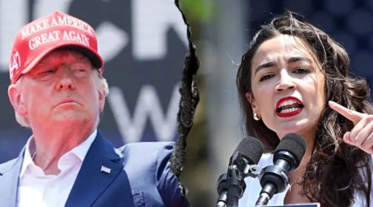 Split image of Donald Trump and Alexandria Ocasio-Cortez