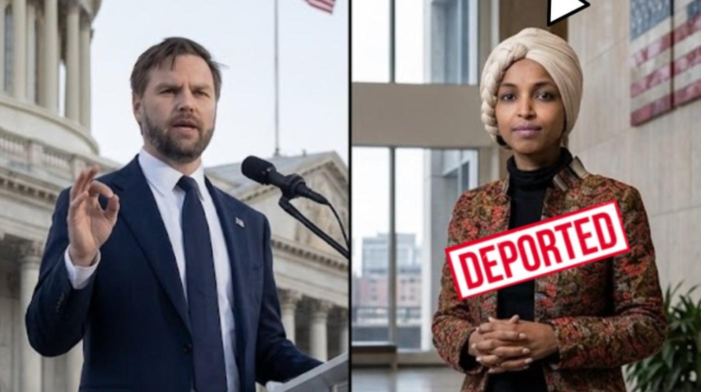 Split image of JD Vance and Ilhan Omar with deportation stam