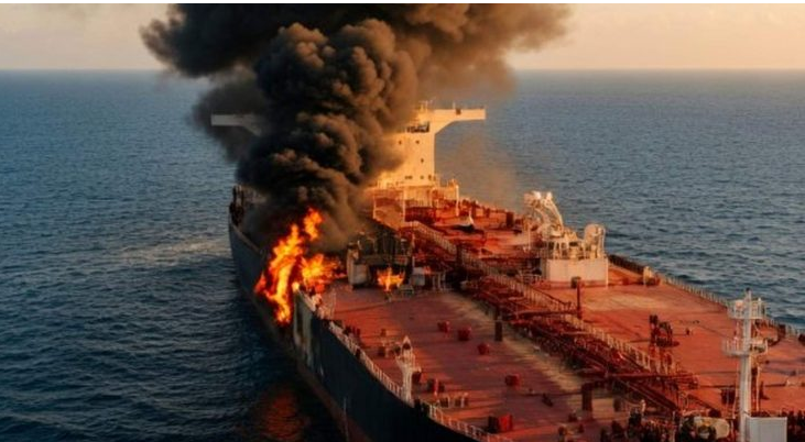 massive oil tanker engulfed in flames with thick black smoke billowing over open ocean
