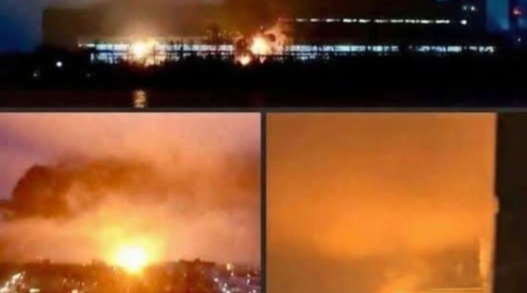 Massive factory fire with huge black smoke