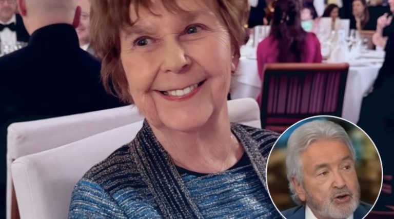 Smiling woman at formal dinner with man inset photo