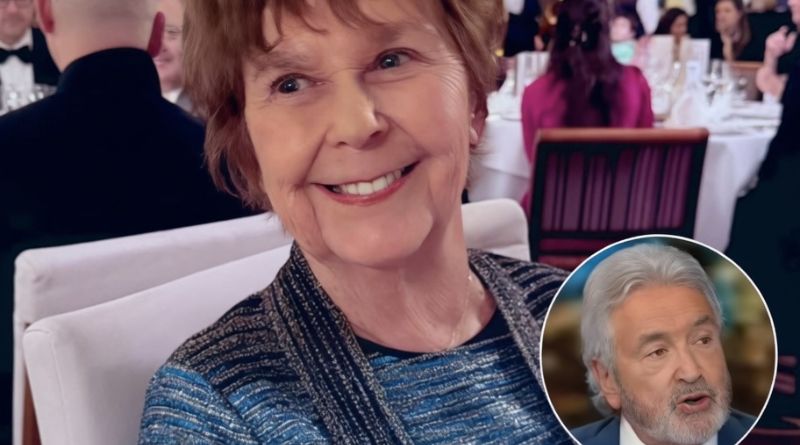 Smiling woman at formal dinner with man inset photo