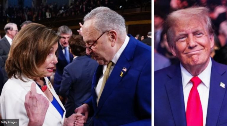 Donald Trump smiling near Nancy Pelosi and Schumer.