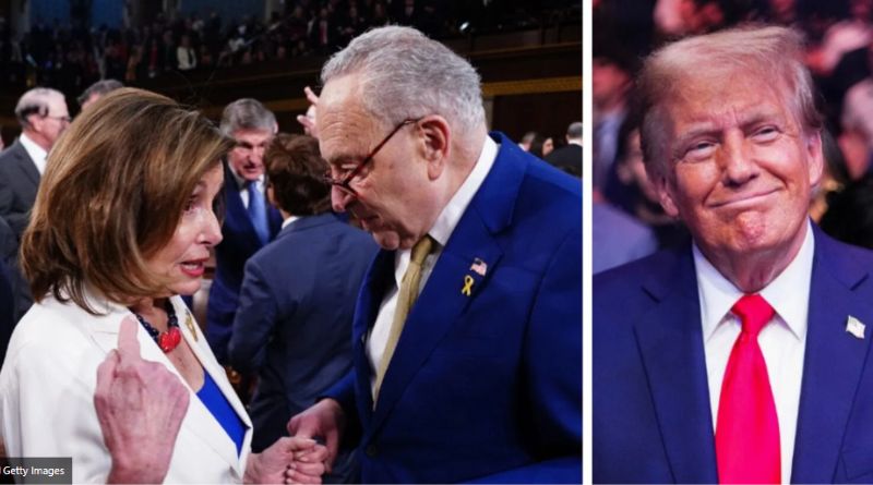 Donald Trump smiling near Nancy Pelosi and Schumer.
