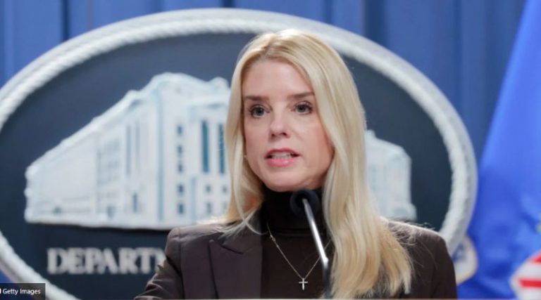 Pam Bondi speaking at DOJ podium press conference