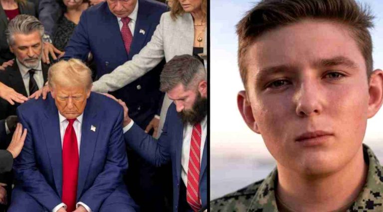 split image showing Donald Trump bowing in prayer with supporters laying hands on him