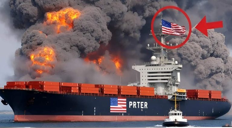 american container ship named PRTER engulfed in massive flames and black smoke with US