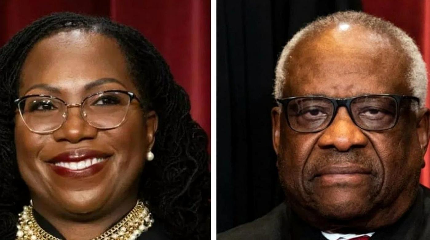 portrait of two Black political figures, woman smiling in gold jewelry, man in suit with