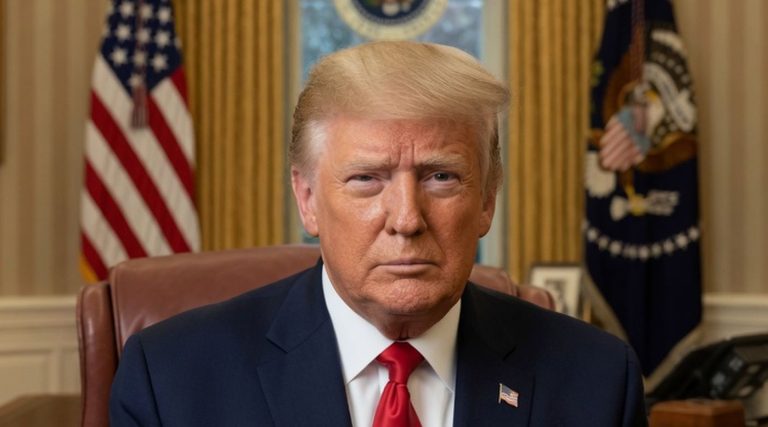 donald Trump seated at Resolute Desk in Oval Office with American flag and presidential