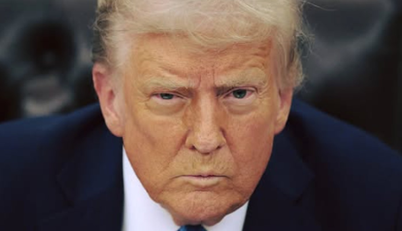 close-up portrait of Donald Trump wearing dark navy suit and white collared shirt with