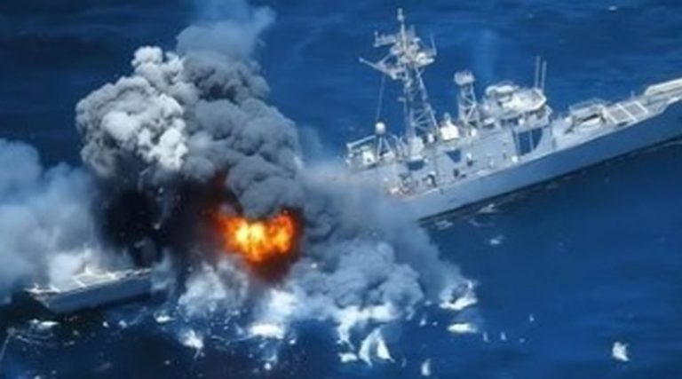 Naval ship hit by missile before and after explosion
