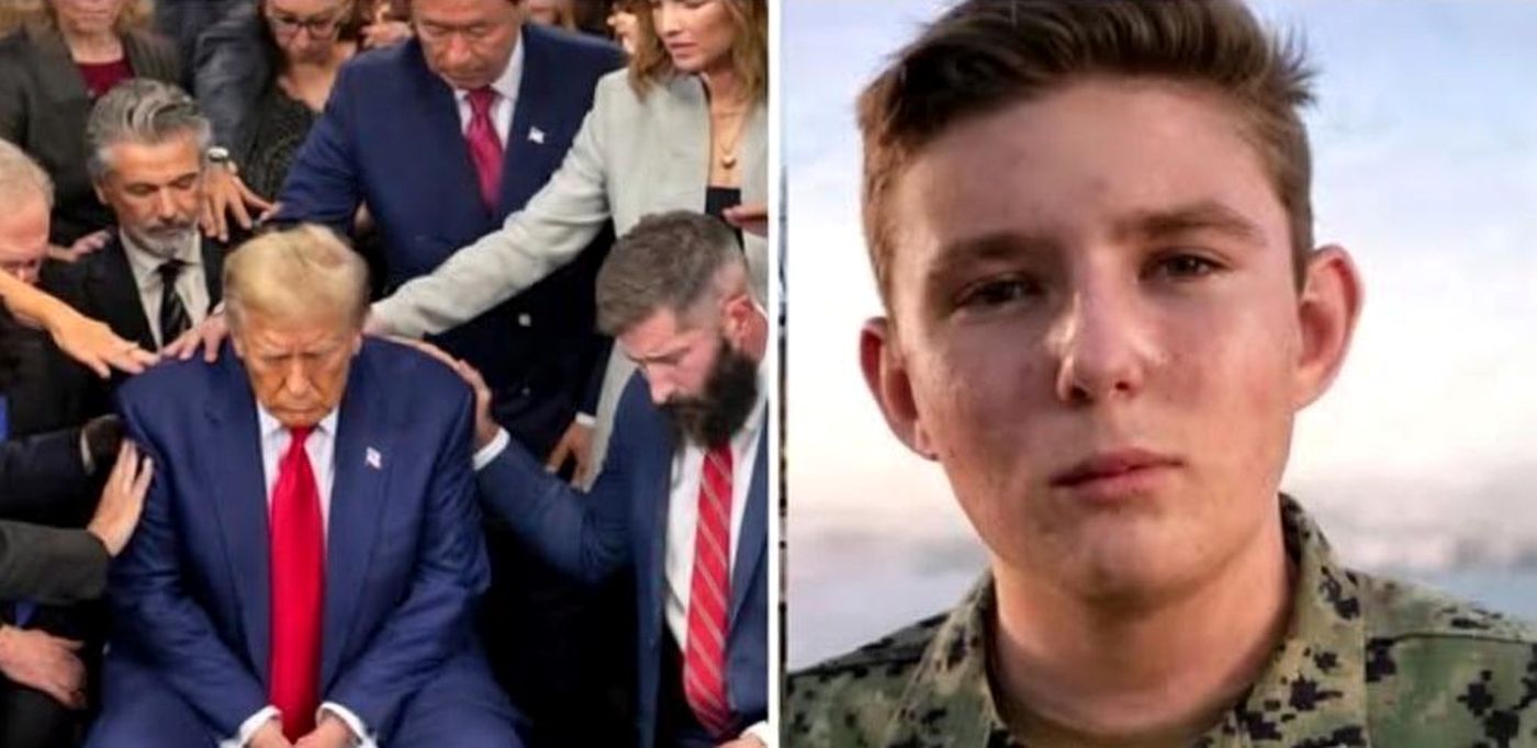 four-panel collage showing car crash scene with firefighters, crying blonde woman, Trump