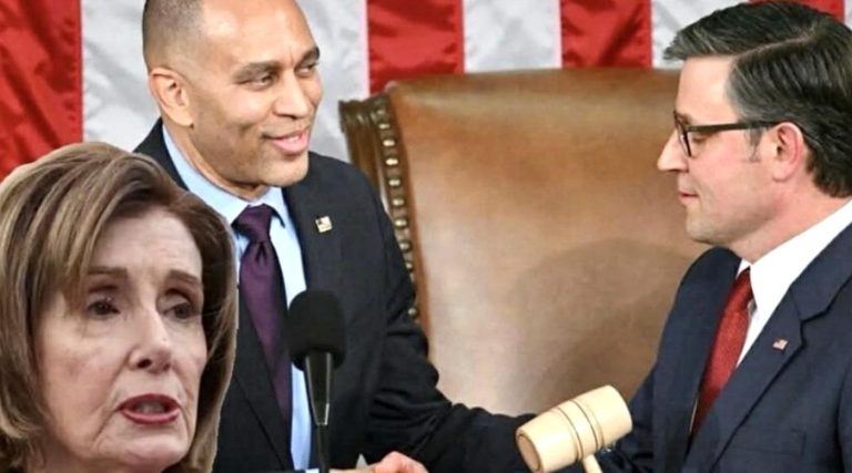 mike Johnson receives House Speaker gavel from Hakeem Jeffries with Nancy Pelosi inset