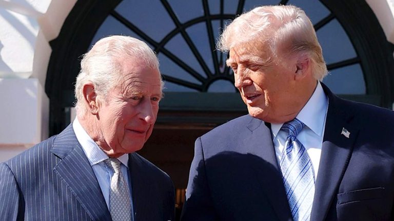 king Charles and Donald Trump engage in conversation outdoors