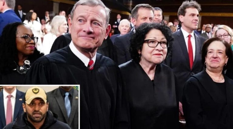 supreme Court Justices in black robes standing together, with an inset showing a man in a