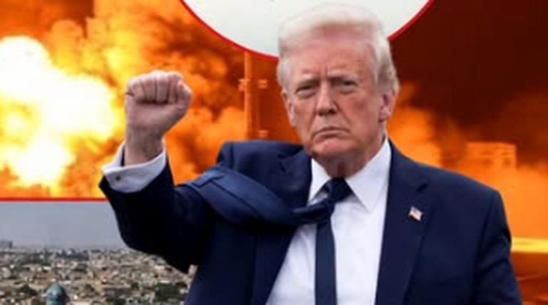 donald Trump raises fist against fiery explosion backdrop, with inset showing F-35