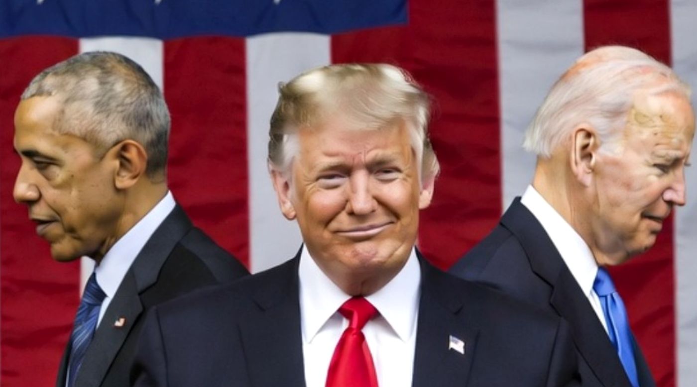 donald Trump smiling between Barack Obama and Joe Biden against American flag backdrop