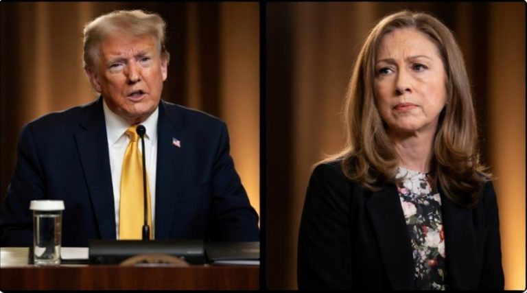 split-screen shows Donald Trump speaking at podium beside Chelsea Clinton with headline