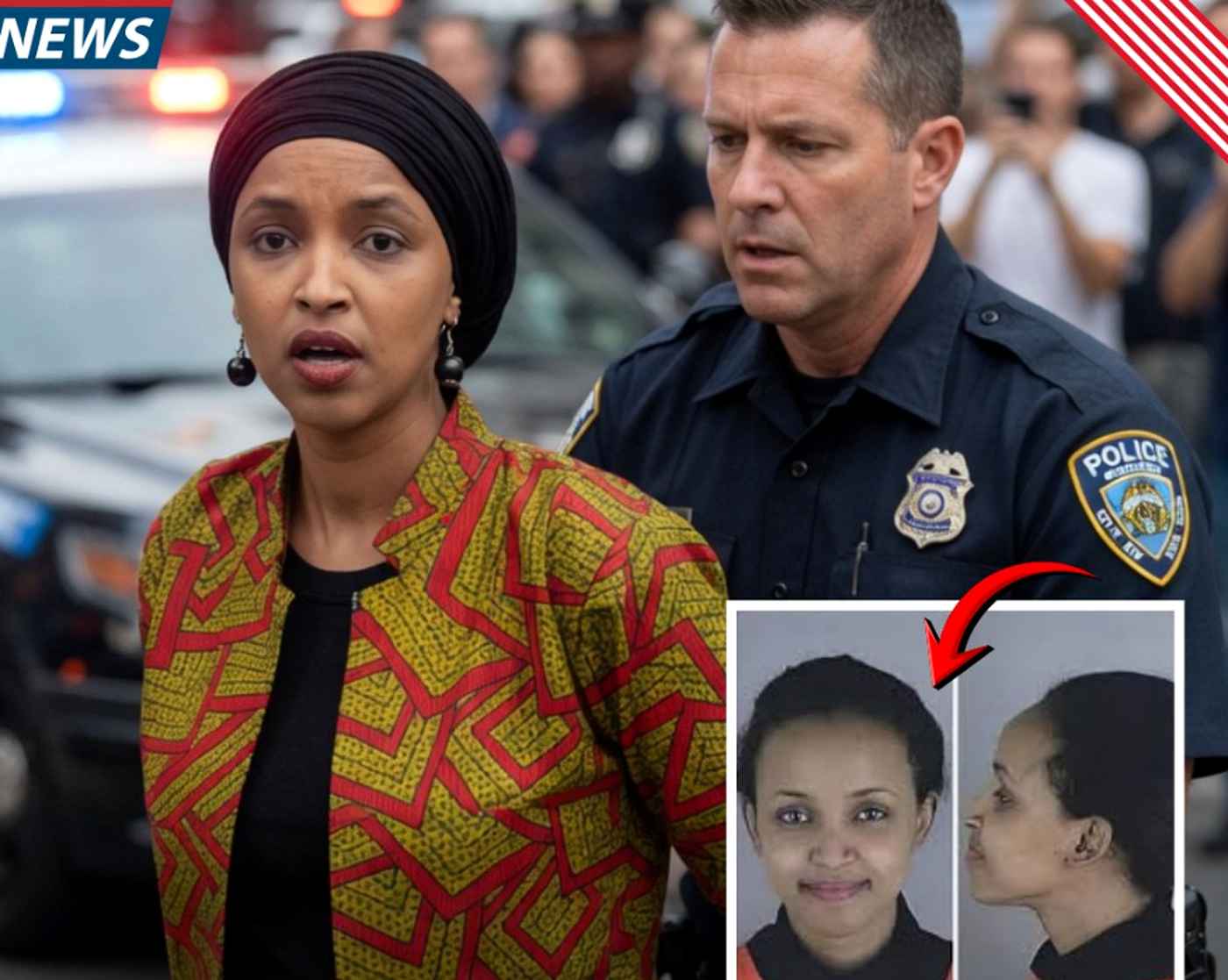 ilhan Omar in patterned jacket beside NYPD officer with mugshot inset and NEWS banner