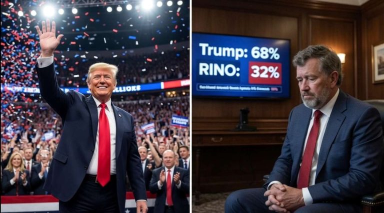 split-screen shows Trump celebrating victory amid confetti and a defeated RINO candidate