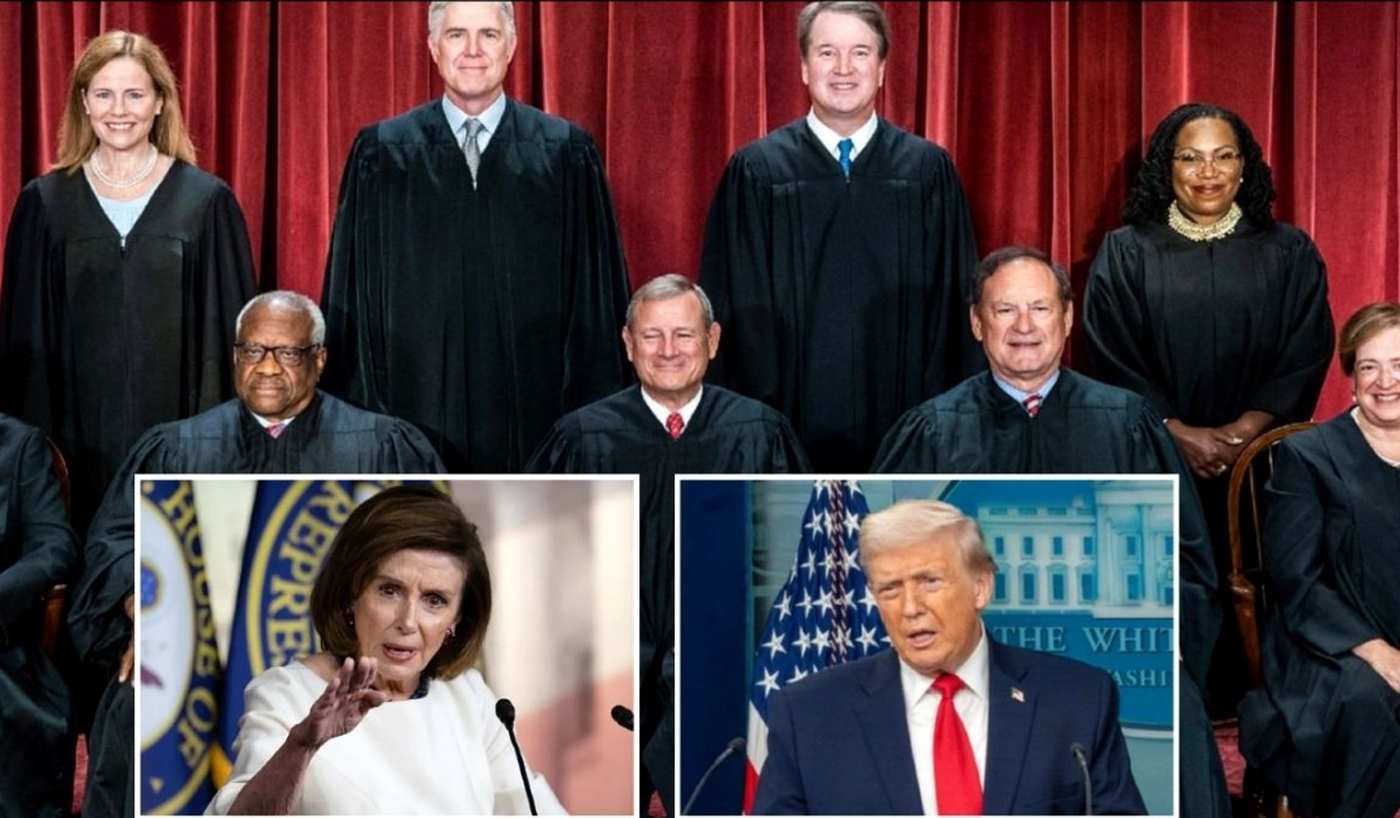 u.S. Supreme Court justices with Trump and Pelosi in discussion