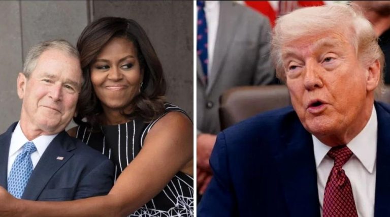 michelle Obama embraces George W. Bush while Donald Trump speaks at separate event