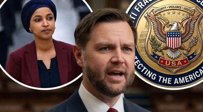 senator JD Vance speaking with inset of Representative Ilhan Omar and FBI seal showing
