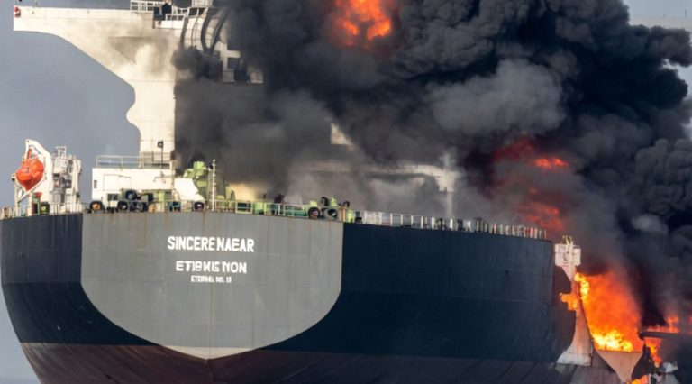 massive tanker engulfed in flames and smoke at sea
