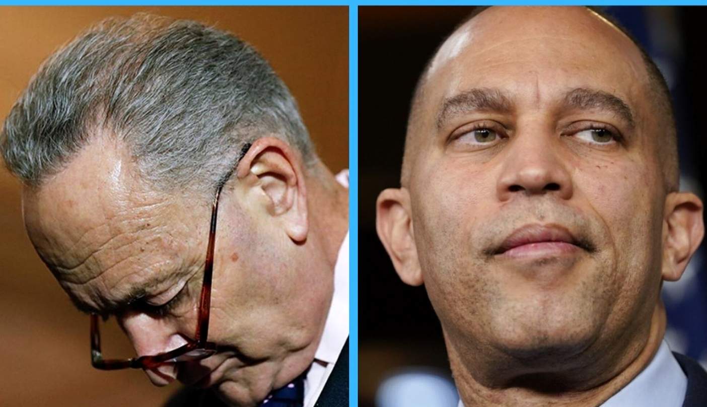 speaker Mike Johnson holds gavel beside House chamber vote tally 218-213 with headline