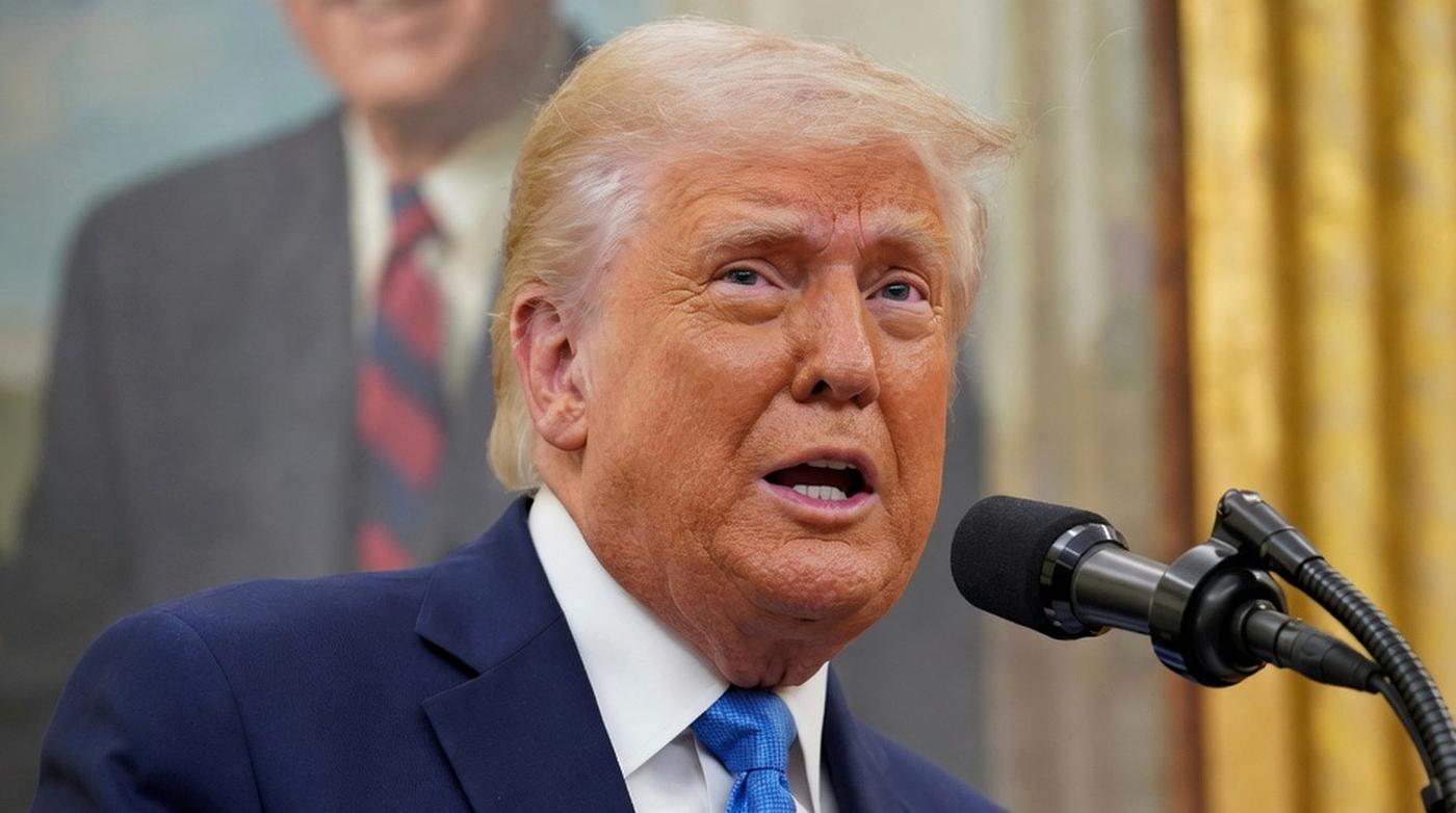 donald Trump speaking at microphone in Oval Office with portrait and gold curtains behind