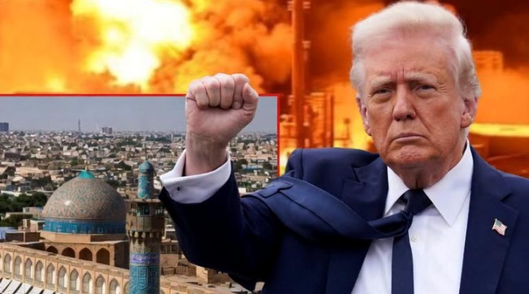 donald Trump raises clenched fist against backdrop of fiery explosion and Iranian