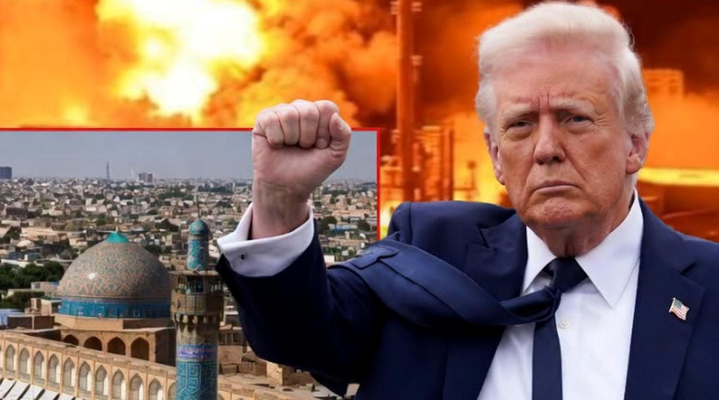 donald Trump raises clenched fist against backdrop of fiery explosion and Iranian