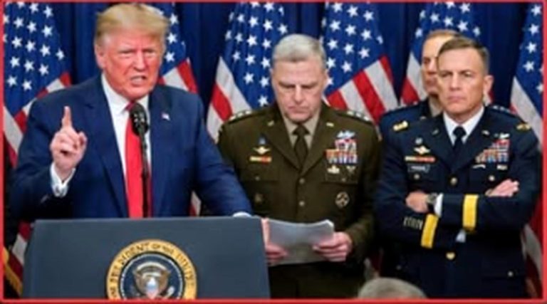 donald Trump speaking at presidential podium with Mark Milley and military officers