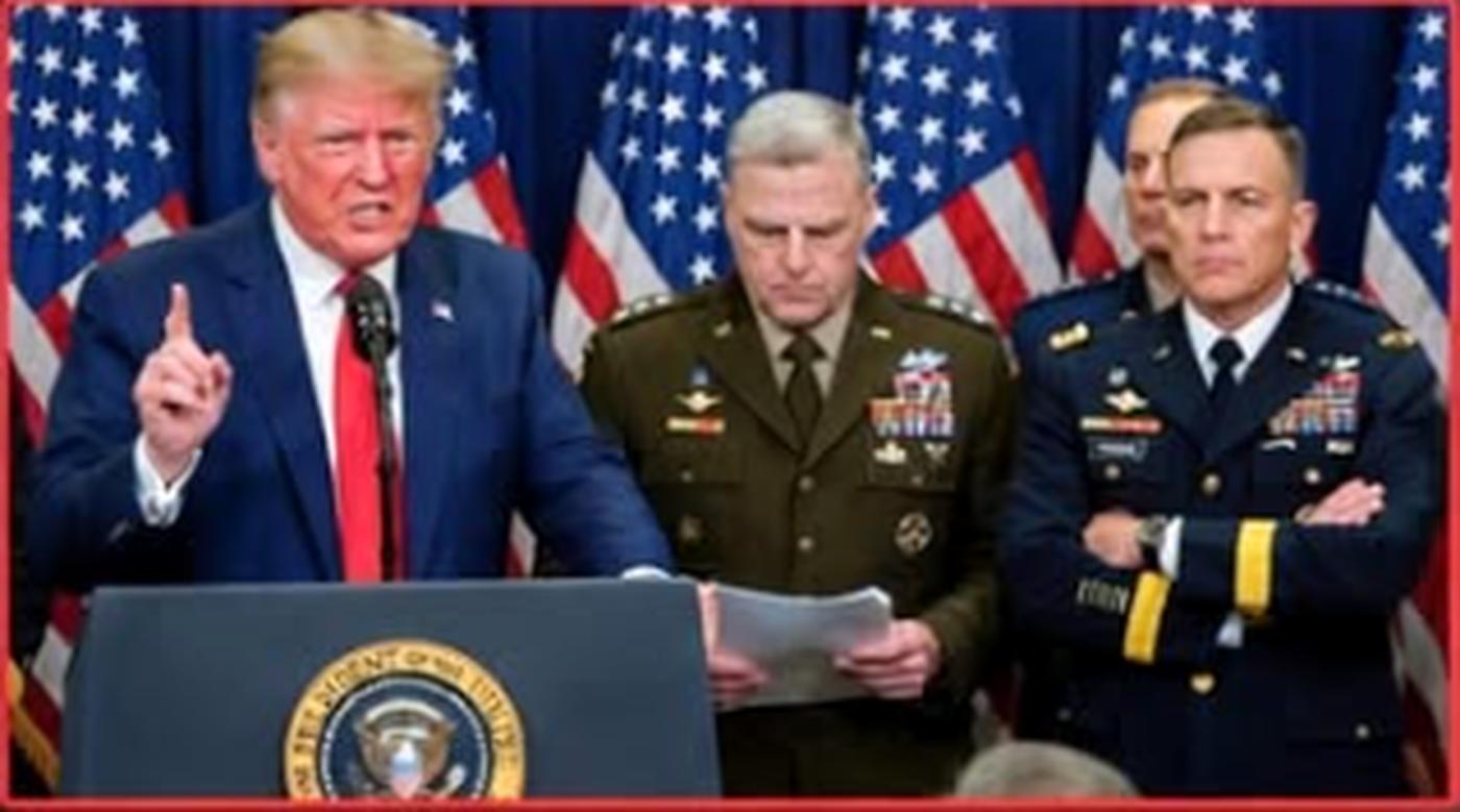 donald Trump speaking at presidential podium with Mark Milley and military officers
