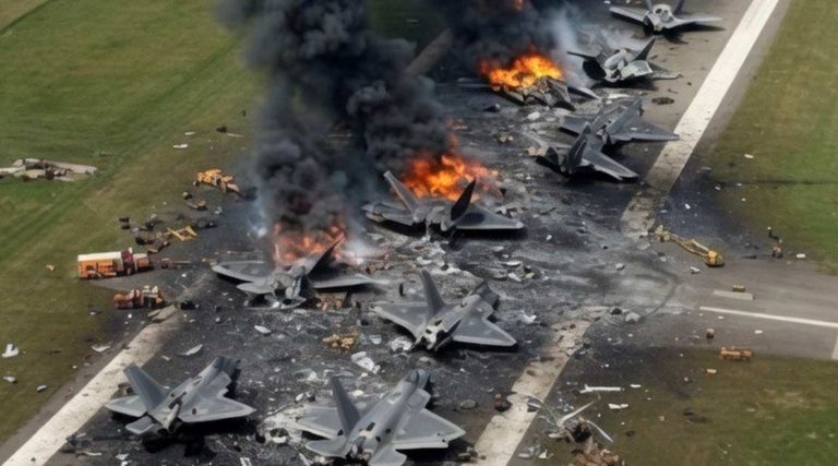 aerial view of military fighter jets destroyed and burning on an airport runway with