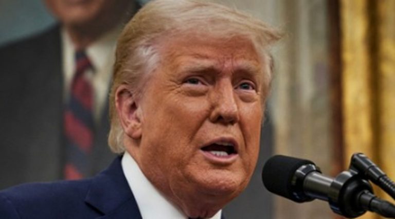 donald Trump speaking passionately at a podium event