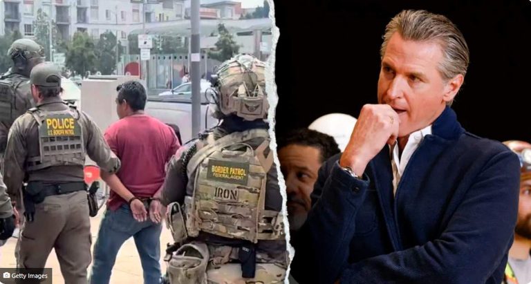 border Patrol agents detain a handcuffed man while Governor Gavin Newsom appears