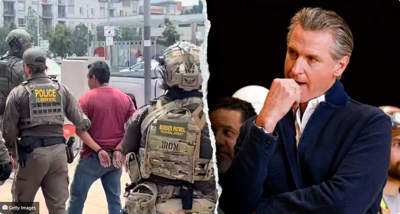 border Patrol agents detain a handcuffed man while Governor Gavin Newsom appears