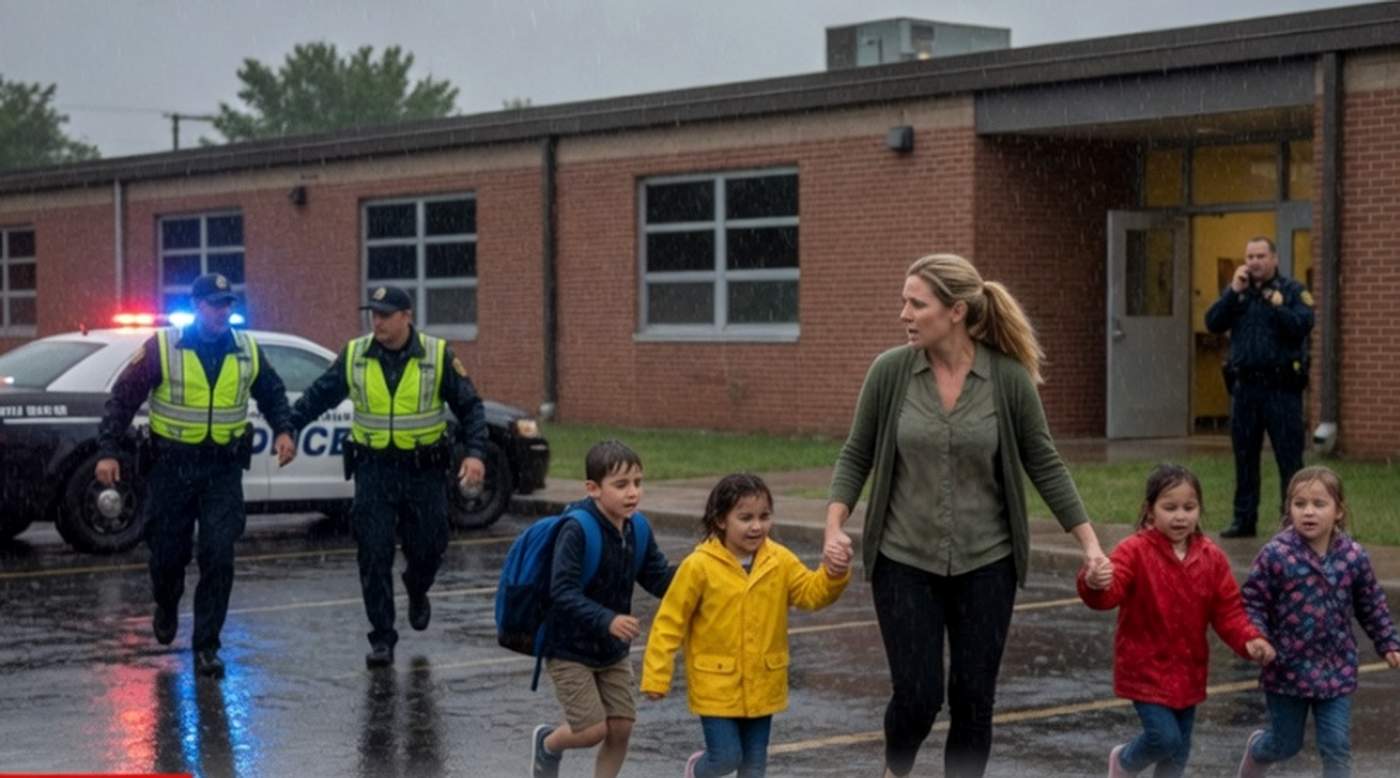 woman leading four children away from school building as police officers run toward