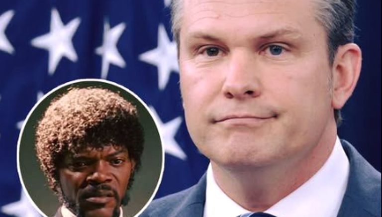 pete Hegseth in suit before American flag with circular inset of Samuel L. Jackson as