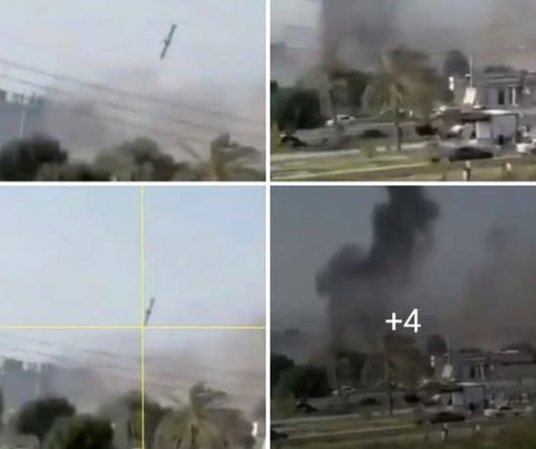 four-panel sequence showing missile descent through targeting crosshairs followed by