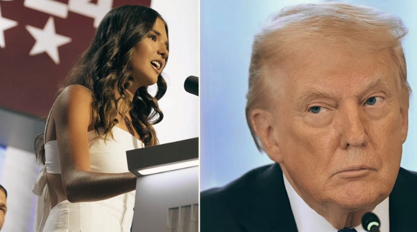 split-screen image showing a young woman speaking at a podium with stars behind her and