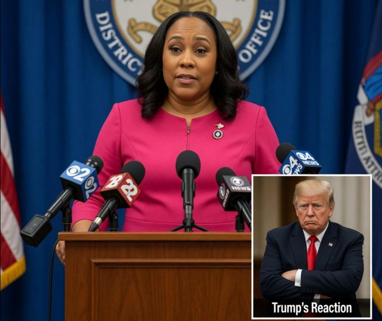 district Attorney Fani Willis speaks at wooden podium with multiple news microphones