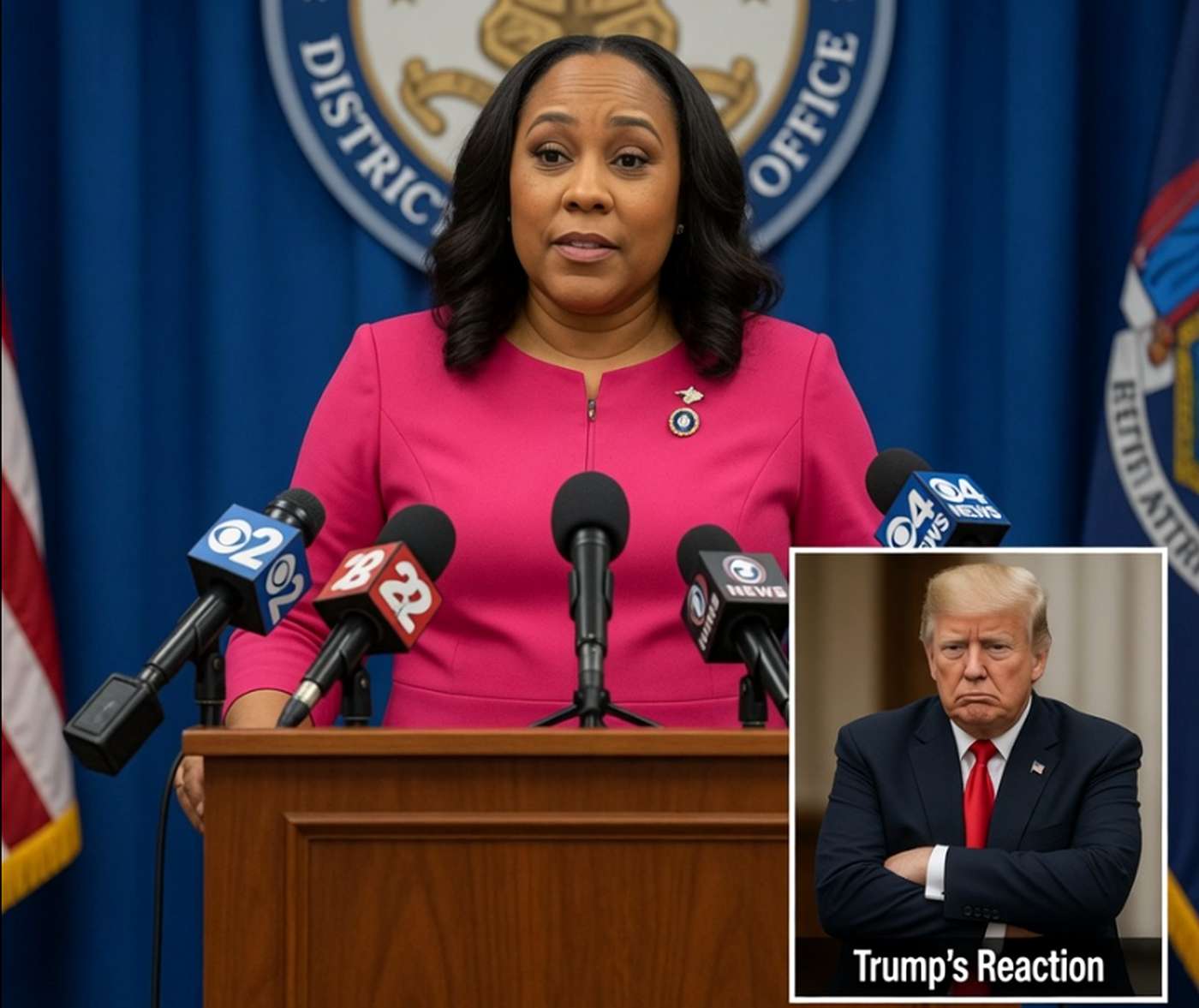 district Attorney Fani Willis speaks at wooden podium with multiple news microphones