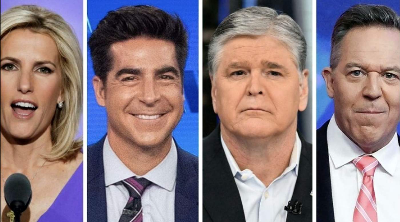 four Fox News hosts Laura Ingraham Jesse Watters Sean Hannity and Greg Gutfeld in split