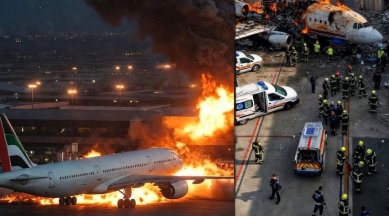 commercial airliner engulfed in flames at night airport with emergency responders