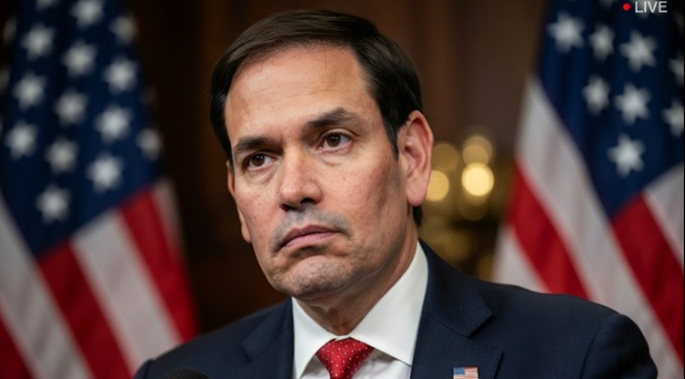 senator Marco Rubio speaks at formal press conference with American flags behind him and