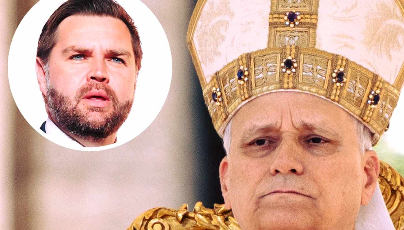senator JD Vance shown in circular inset beside Catholic cardinal wearing ornate gold